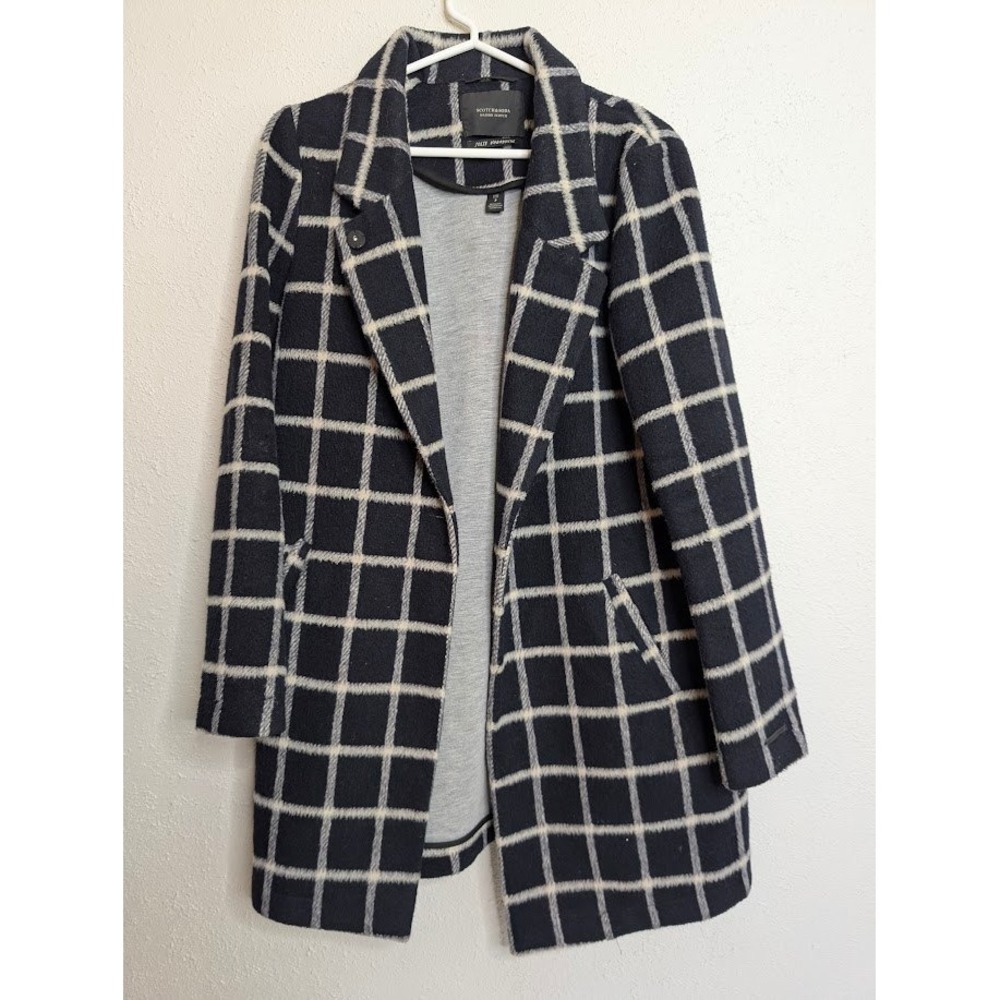 Scotch & Soda Womens Plaid Overcoat 3 Black White Grid Pattern Wool Blend Jacket